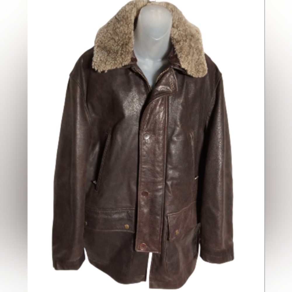 Banana Republic Brown Leather Rancher Zip Detachable Shearling Collar Jacket Med - Picture 3 of 15